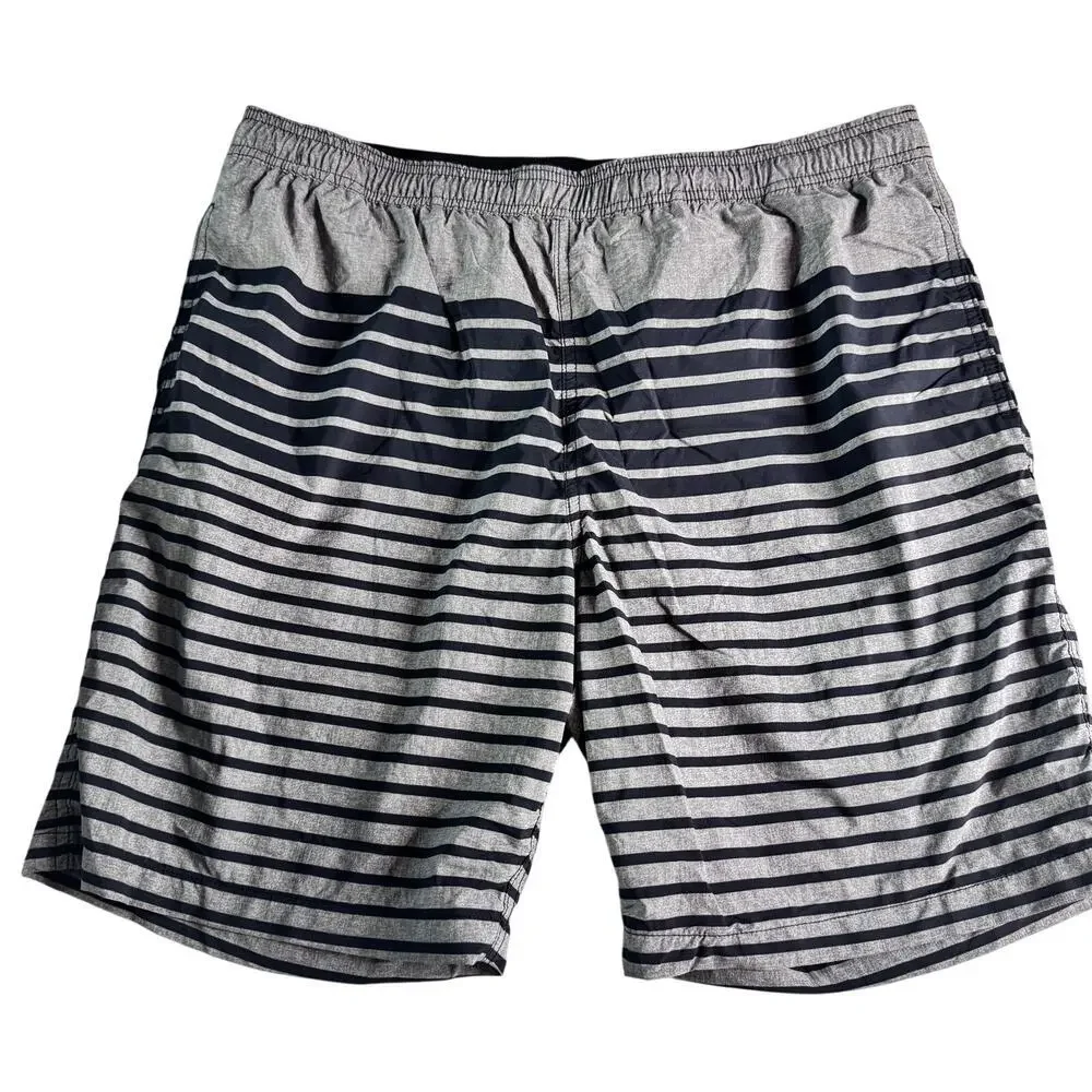 Kirkland Signature Men’s Swim Trunks XL Gray Black Striped Stretch Swim Shorts
